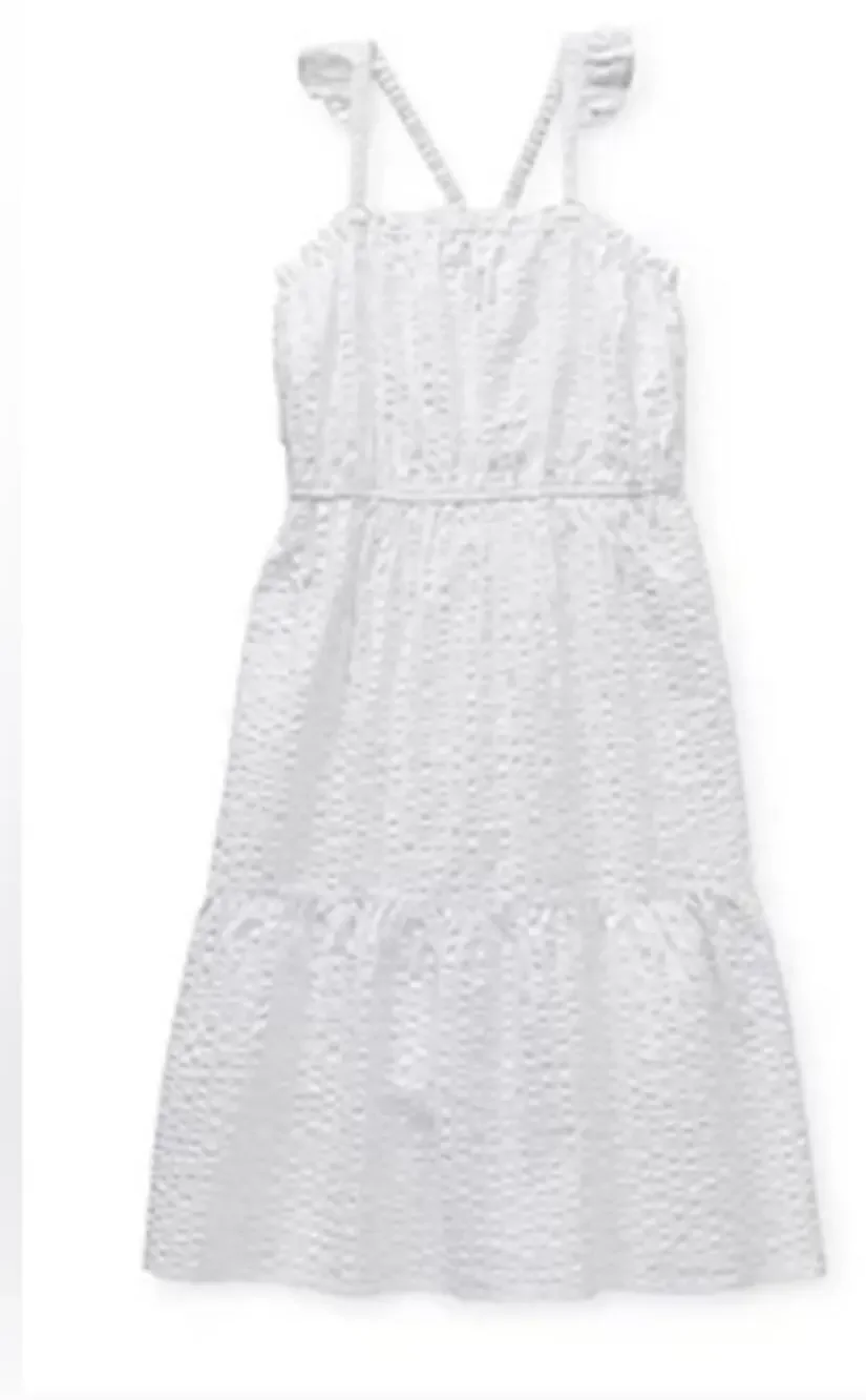 White Cotton Sundress Ruffle Strap Midi Dress Girls 7/8 Summer Classic